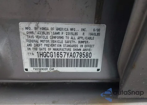 2000 Honda Accord 3.0 Ex from USA, damaged, VIN 1HGCG1657YA079580